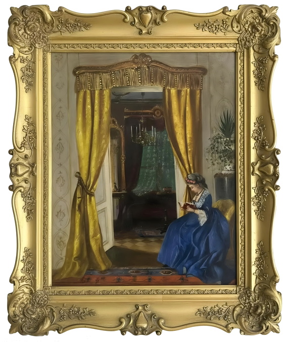 Franz Russ il Giovane - Dame mit buch - 1871 (olio su tela - splendida cornice di met� Ottocento)