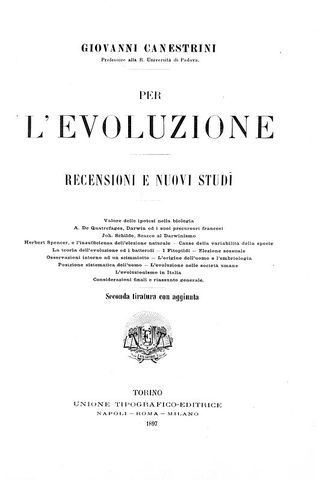 Giovanni Canestrini - Per l'evoluzione. Recensioni e nuovi studi - Torino, Utet 1897 Giovanni Canestrini - Per l'evoluzione. Recensioni e nuovi studi - Torino, Utet 1897