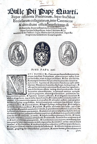 Bolla di Pio IV che disciplina i sacramenti e le competenze clericali - Roma, Blado 1562 Bolla di Pio IV che disciplina i sacramenti e le competenze clericali - Roma, Blado 1562