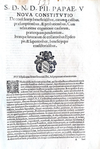 Bolla di Pio V che disciplina in senso restrittivo i benefici ecclesiastici - Roma, Blado 1569 Bolla di Pio V che disciplina in senso restrittivo i benefici ecclesiastici - Roma, Blado 1569