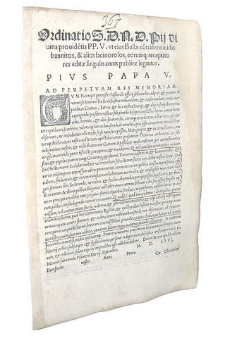 Ordinanza di Pio V contro assassini e facinorosi - Roma, Blado 1566 Ordinanza di Pio V contro assassini e facinorosi - Roma, Blado 1566