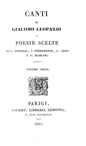 Un grande classico ottocentesco: Giacomo Leopardi - Canti - Parigi 1841 (bellissima legatura coeva) Un grande classico ottocentesco: Giacomo Leopardi - Canti - Parigi 1841 (bellissima legatura coeva)