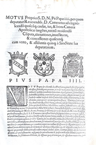 Moto proprio di Pio IV sulla Reverenda Camera Apostolica - Roma, Blado 1565 Moto proprio di Pio IV sulla Reverenda Camera Apostolica - Roma, Blado 1565