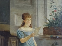 Eugenio Cabella - Giovane donna che legge. Studio sull'esempio di Giuseppe Sciuti (olio su tela) Eugenio Cabella - Giovane donna che legge. Studio sull'esempio di Giuseppe Sciuti (olio su tela)