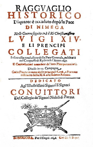 Ragguaglio historico sulla pace di Nimega - Modena 1698 (con 20 belllissime vedute di citt� europee)