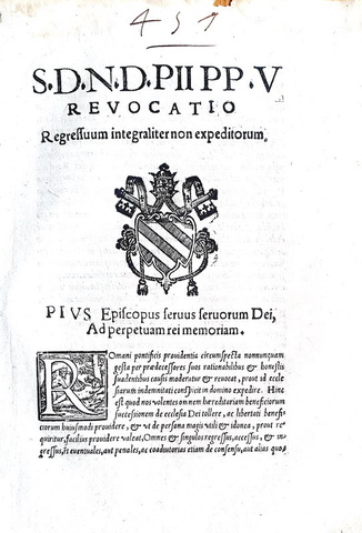Bolla di Pio V che disciplina il diritto di regresso - Roma, Blado 1571 Bolla di Pio V che disciplina il diritto di regresso - Roma, Blado 1571