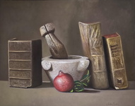 Antonio Sciacca - Natura morta con libri antichi e melograno - 2005 ca. (olio su tela) Antonio Sciacca - Natura morta con libri antichi e melograno - 2005 ca. (olio su tela)