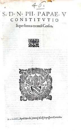 Costituzione di Pio V che disciplina i contratti di censo - Roma, Blado 1568 Costituzione di Pio V che disciplina i contratti di censo - Roma, Blado 1568