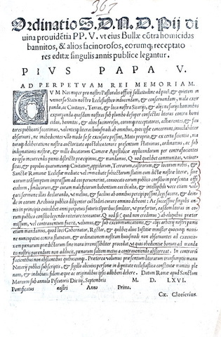 Ordinanza di Pio V contro assassini e facinorosi - Roma, Blado 1566 Ordinanza di Pio V contro assassini e facinorosi - Roma, Blado 1566