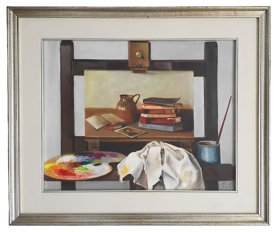 Luigi Pivi - Studio d'artista, un bibliodipinto nel dipinto - 1970 circa (olio su tela) Luigi Pivi - Studio d'artista, un bibliodipinto nel dipinto - 1970 circa (olio su tela)