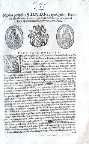 Moto proprio di Pio V che disciplina il ricorso nelle cause criminali - Roma, Blado 1566 Moto proprio di Pio V che disciplina il ricorso nelle cause criminali - Roma, Blado 1566