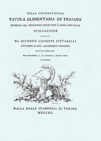 Pittarelli - Della tavola alimentaria di Traiano - 1790 (rarissima prima edizione su carta azzurra) Pittarelli - Della tavola alimentaria di Traiano - 1790 (rarissima prima edizione su carta azzurra)
