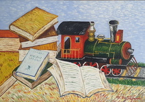 Michele De Stefano - Un treno di cultura - anni Duemila (olio su tavola - esposto e con autentica) Michele De Stefano - Un treno di cultura - anni Duemila (olio su tavola - esposto e con autentica)