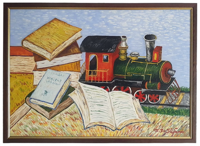 Michele De Stefano - Un treno di cultura - anni Duemila (olio su tavola, esposto alla BNU di Torino) Michele De Stefano - Un treno di cultura - anni Duemila (olio su tavola, esposto alla BNU di Torino)