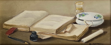 Dino Matteoni - Natura morta. Composizione con libro - 1950/55 circa (olio su tavola) Dino Matteoni - Natura morta. Composizione con libro - 1950/55 circa (olio su tavola)