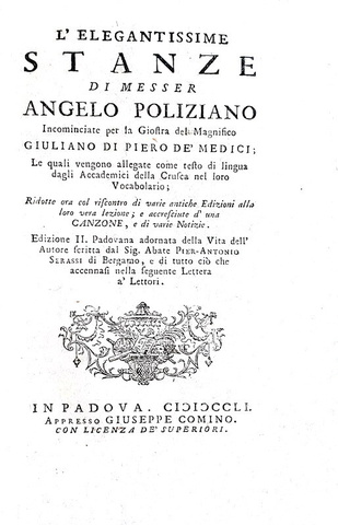 Angelo Poliziano - L'elegantissime stanze & La favola di Orfeo - Padova, Giuseppe Comino 1749/51 Angelo Poliziano - L'elegantissime stanze & La favola di Orfeo - Padova, Giuseppe Comino 1749/51