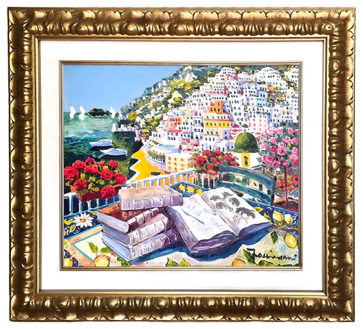 Athos Faccincani - La bellezza di Positano e il racconto dei libri antichi - 2022 (olio su tela) Athos Faccincani - La bellezza di Positano e il racconto dei libri antichi - 2022 (olio su tela)