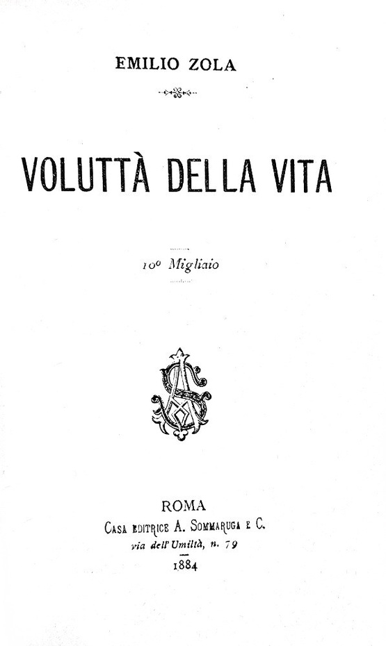 Emile Zola - Volutt� della vita [La gioia di vivere] Roma, Sommaruga 1884 (prima edizione italiana)
