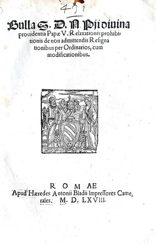 Bolla di Pio V sulle prerogative degli ecclesiastici - Roma, Blado 1568 Bolla di Pio V sulle prerogative degli ecclesiastici - Roma, Blado 1568