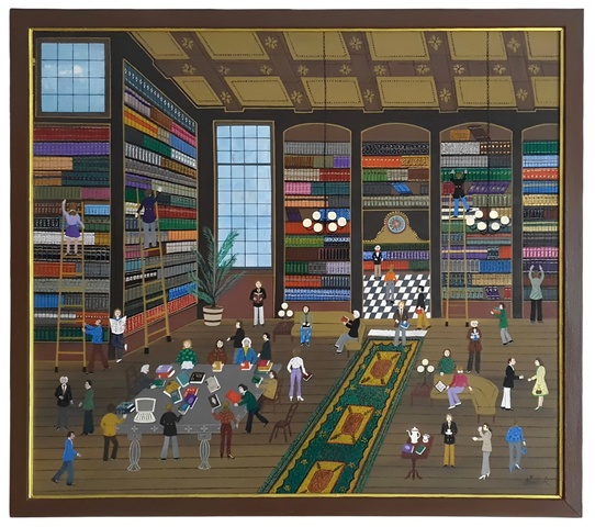 Heinz Sedlick - In der bibliothek - anni Novanta (acrilico su tavola) Heinz Sedlick - In der bibliothek - anni Novanta (acrilico su tavola)