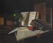 Andreas Gyula Bubarnik - Natura morta con libri antichi e trasparenze - 1960 ca. (olio su tavola)