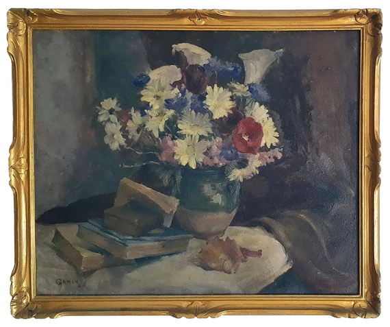 Paul Garin - Libri con vaso di fiori. Composizione - 1941 (olio su tavola) Paul Garin - Libri con vaso di fiori. Composizione - 1941 (olio su tavola)