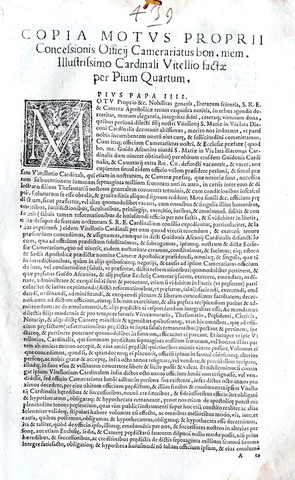 Moto proprio Pio IV di conferimento dell'ufficio di camerariato al cardinale Vitelli - Blado 1566 Moto proprio Pio IV di conferimento dell'ufficio di camerariato al cardinale Vitelli - Blado 1566