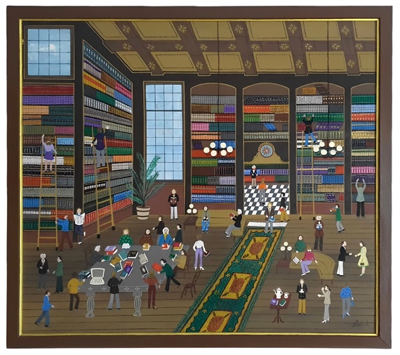 Heinz Sedlick - In der bibliothek - anni Novanta (acrilico su tavola) Heinz Sedlick - In der bibliothek - anni Novanta (acrilico su tavola)