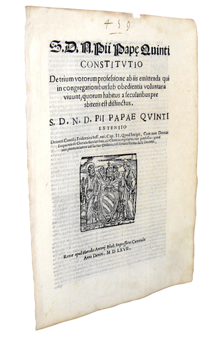 Bolla di Pio V che disciplina il voto di obbedienza negli ordini secolari - Roma, Blado 1567 Bolla di Pio V che disciplina il voto di obbedienza negli ordini secolari - Roma, Blado 1567