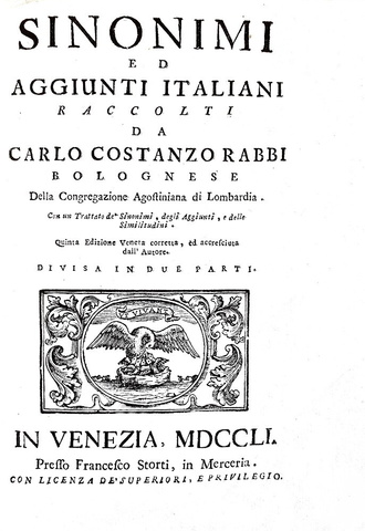 Carlo Costanzo Rabbi - Sinonimi ed aggiunti italiani - Venezia 1751 (bellissima legatura coeva) Carlo Costanzo Rabbi - Sinonimi ed aggiunti italiani - Venezia 1751 (bellissima legatura coeva)