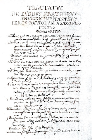 Bartolo da Sassoferrato - Baldo degli Ubaldi - Tractatus de duobus fratribus - manoscritto Seicento Bartolo da Sassoferrato - Baldo degli Ubaldi - Tractatus de duobus fratribus - manoscritto Seicento