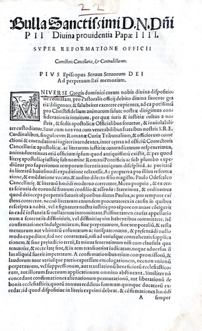 Bolla di papa Pio IV sulla Cancelleria Apostolica - Roma, Blado 1562 Bolla di papa Pio IV sulla Cancelleria Apostolica - Roma, Blado 1562
