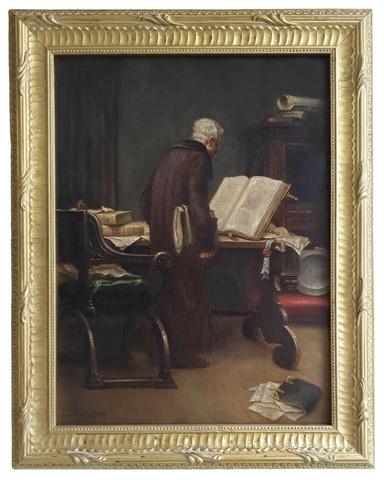 Jan Haverkamp - Monaco in biblioteca - fine del XIX secolo (1890 circa) - olio su prima tela Jan Haverkamp - Monaco in biblioteca - fine del XIX secolo (1890 circa) - olio su prima tela