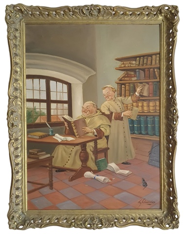 Harry Eliott - Le clerg� dans la biblioth�que - 1950 circa (olio su cartone rigido telato) Harry Eliott - Le clerg� dans la biblioth�que - 1950 circa (olio su cartone rigido telato)