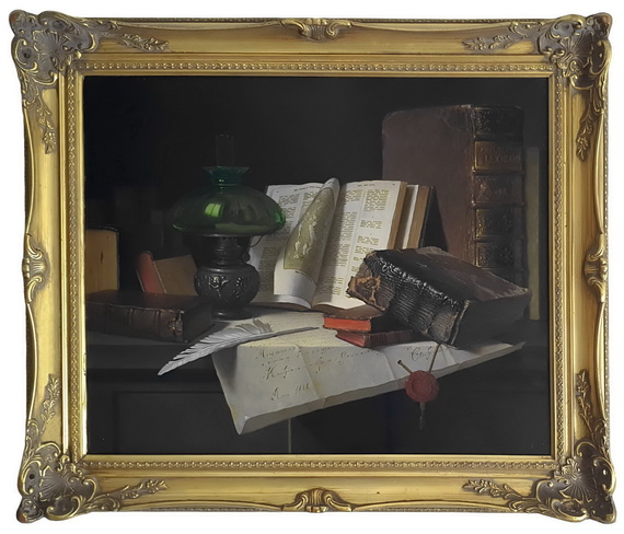 Andreas Gyula Bubarnik - Natura morta con libri antichi e trasparenze - 1960 ca. (olio su tavola)