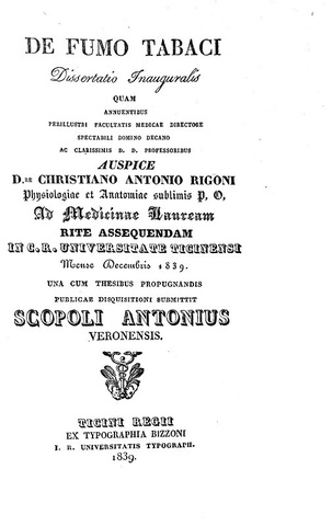Antonio Scopoli - De fumo tabaci. Dissertatio inauguralis - Pavia 1839 (rara prima e unica edizione) Antonio Scopoli - De fumo tabaci. Dissertatio inauguralis - Pavia 1839 (rara prima e unica edizione)