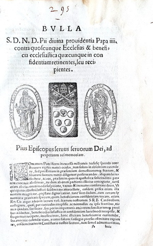 Bolla di Pio IV che disciplina i benefici ecclesiastici - Roma, Blado 1564 Bolla di Pio IV che disciplina i benefici ecclesiastici - Roma, Blado 1564