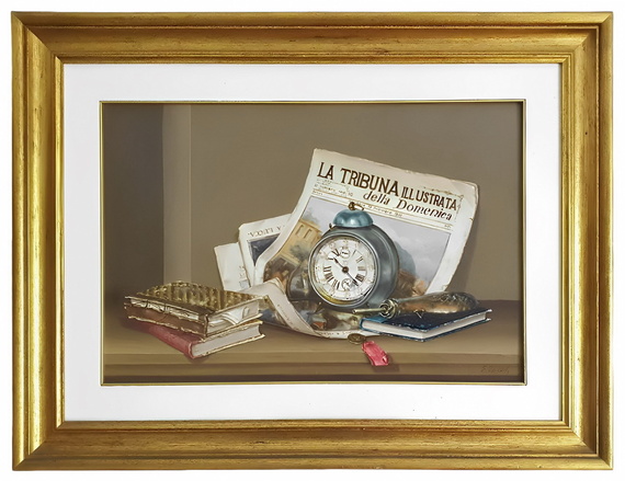 Emilio Toschi - La sveglia. Composizione con libri - 1981 (olio su tela)