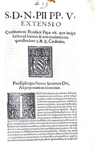 Bolla di Pio V che estende la tutela dei cardinali dagli attentati - Roma, Blado 1570 Bolla di Pio V che estende la tutela dei cardinali dagli attentati - Roma, Blado 1570