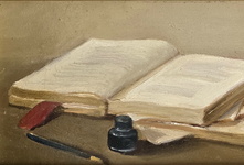 Dino Matteoni - Natura morta. Composizione con libro - 1950/55 circa (olio su tavola) Dino Matteoni - Natura morta. Composizione con libro - 1950/55 circa (olio su tavola)