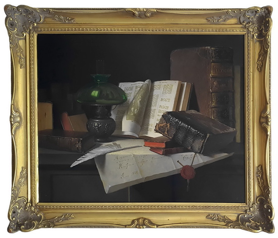 Andreas Gyula Bubarnik - Natura morta con libri antichi e trasparenze - 1960 ca. (olio su tavola) Andreas Gyula Bubarnik - Natura morta con libri antichi e trasparenze - 1960 ca. (olio su tavola)