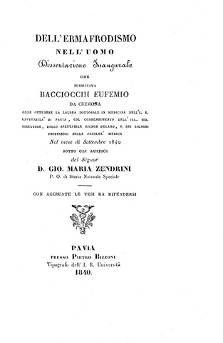 Eufemio Bacciocchi - Dell'Ermafrodismo nell'uomo - Pavia 1840 (introvabile prima e unica edizione) Eufemio Bacciocchi - Dell'Ermafrodismo nell'uomo - Pavia 1840 (introvabile prima e unica edizione)