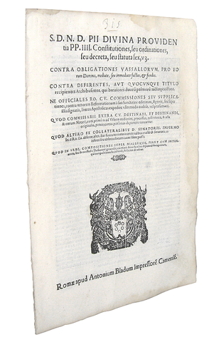 Bolle di Pio IV sull'uso delle armi e sul diritto criminale - Roma, Blado 1565 Bolle di Pio IV sull'uso delle armi e sul diritto criminale - Roma, Blado 1565