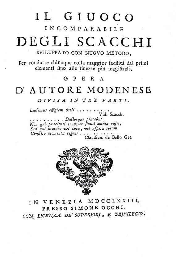 Ponziani - Il giuoco incomparabile degli scacchi sviluppato con nuovo metodo - Venezia 1773 (raro)