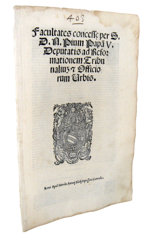 Moto proprio di Pio V sulla riforma dei tribunali fiscali - Roma, Blado 1568 ca. Moto proprio di Pio V sulla riforma dei tribunali fiscali - Roma, Blado 1568 ca.