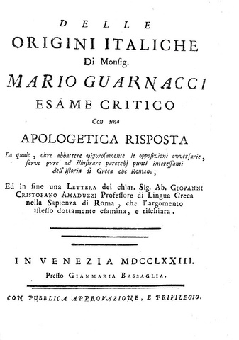 Mario Guarnacci - Delle origini italiche - Venezia, Bassaglia 1773 (non comune prima edizione) Mario Guarnacci - Delle origini italiche - Venezia, Bassaglia 1773 (non comune prima edizione)