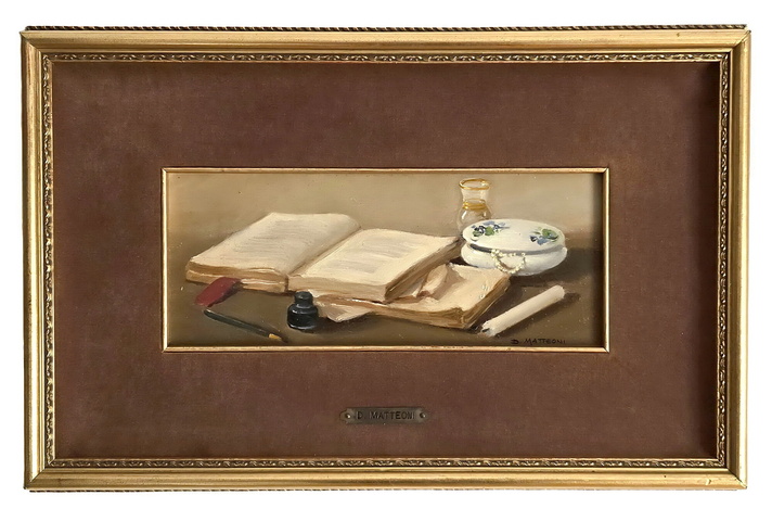 Dino Matteoni - Natura morta. Composizione con libro - 1950/55 circa (olio su tavola) Dino Matteoni - Natura morta. Composizione con libro - 1950/55 circa (olio su tavola)