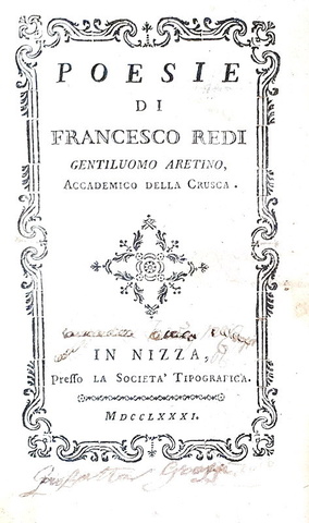 Francesco Redi e altri poeti dal Cinquecento al Settecento - Poesie - Nizza 1781/83 (cinque opere) Francesco Redi e altri poeti dal Cinquecento al Settecento - Poesie - Nizza 1781/83 (cinque opere)