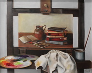 Luigi Pivi - Studio d'artista, un bibliodipinto nel dipinto - 1970 circa (olio su tela) Luigi Pivi - Studio d'artista, un bibliodipinto nel dipinto - 1970 circa (olio su tela)