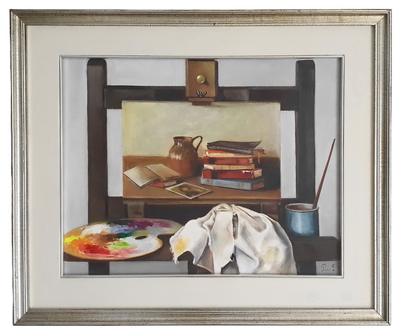 Luigi Pivi - Studio d'artista, un bibliodipinto nel dipinto - 1970 circa (olio su tela) Luigi Pivi - Studio d'artista, un bibliodipinto nel dipinto - 1970 circa (olio su tela)